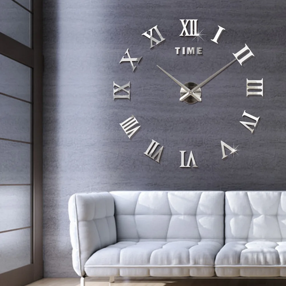 Настенные часы 3D DIY большие римские цифры винтажные Серебряные Акриловые наклейки зеркальные часы украшение дома