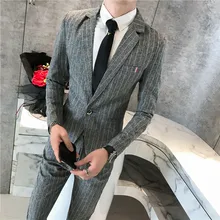 2019 autumn men's fashion striped suit two-piece suit (blazer + suit pants) men's single buckle slim casual groom wedding suit 2019 autumn men's fashion striped suit two-piece suit (blazer + suit pants) men's single buckle slim casual groom wedding suit