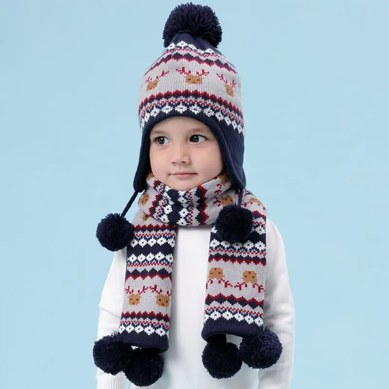 Детская зимняя шапка-ушанка с помпоном в виде оленя на Рождество, длинный шарф, перчатки, теплая зимняя вязаная шапка