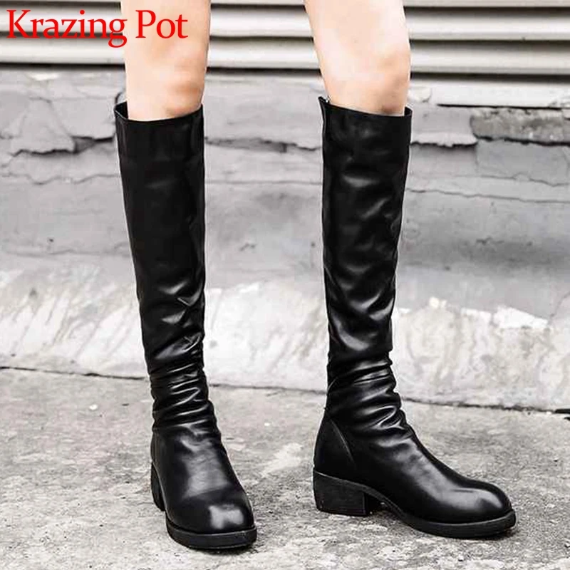 

krazing pot soft sheep leather fashion stretch pleated round toe med heels black colors zip winter fashion thigh high boots Lqf6