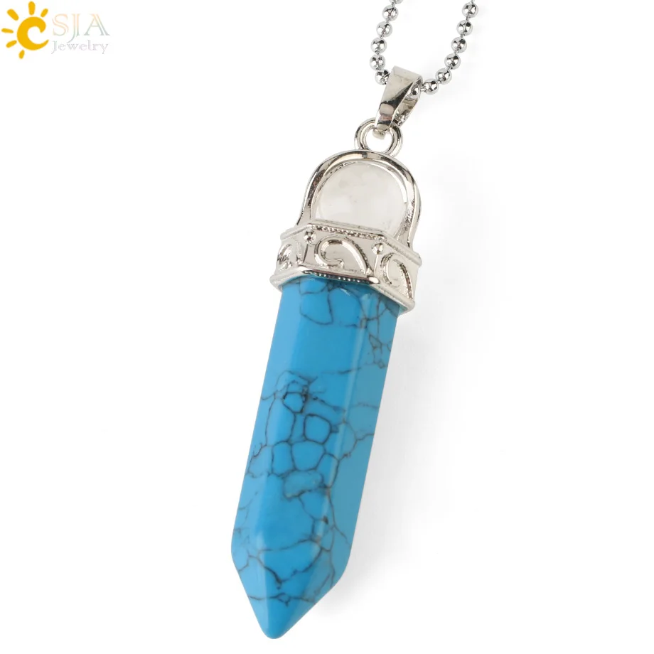 Blue Turquoise-Chain CSJA натуральный камень исцеляющий кулон остроконечная шестигранная колонна Белый Розовый Фиолетовый Кристалл столб подвески ожерелья для женщин мужчин G287 - Metal color: Blue Turquoise-Chain