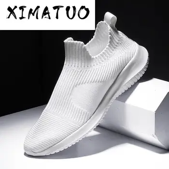 

Solid White Fashion Knitting Casual Shoes Men Super Light Breathable Stretch Socks Sneakers Slip On Tenis Masculino Black