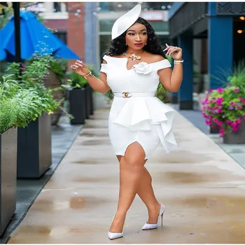 

Office Dress Short Sleeves Slash Neck Womens Dress Asymmetrical High Waist Work Dress Ruffles Africa Party Dress Slim Sexy Dress