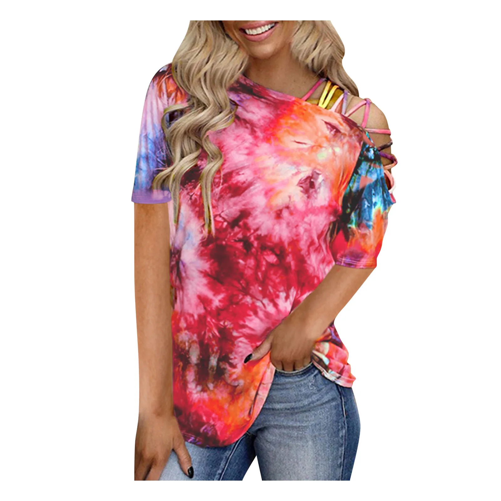 Blusa de estilo Vintage con manga corta para verano, con estampado Floral para mujer, con tinte dibujo de corbata y hombros descubiertos|Blusa| - AliExpress