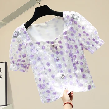 

Flower Embroidery Square Collar Short Lace Shirt Female Summer Blouse Short Sleeve Top Blusas Mujer De Moda 2020 Nancylim