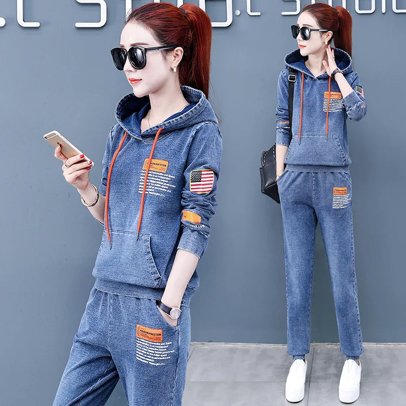 

Fashion Denim 2 Piece Set Tracksuit Long Sleeve Letter Print Hooded Sweatshirt Pants Suit Female Jeans 2pcs Outfits Clothing Set