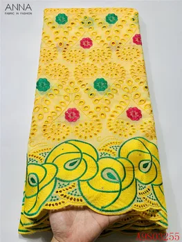 

Anna yellow african laces 100% cotton fabric high quality embroidery with stones and rhinestones swiss voile lace in switzerland