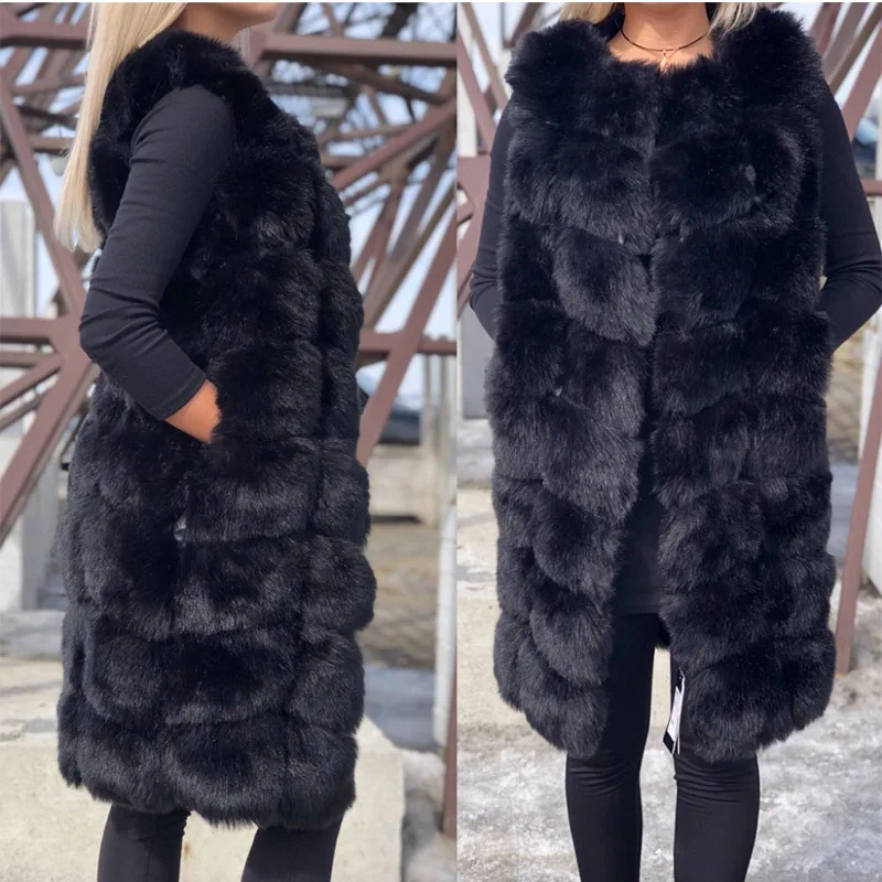 Fur Vest Black Fur Hood Gilet Women's Long Black Fox Fur Vest With