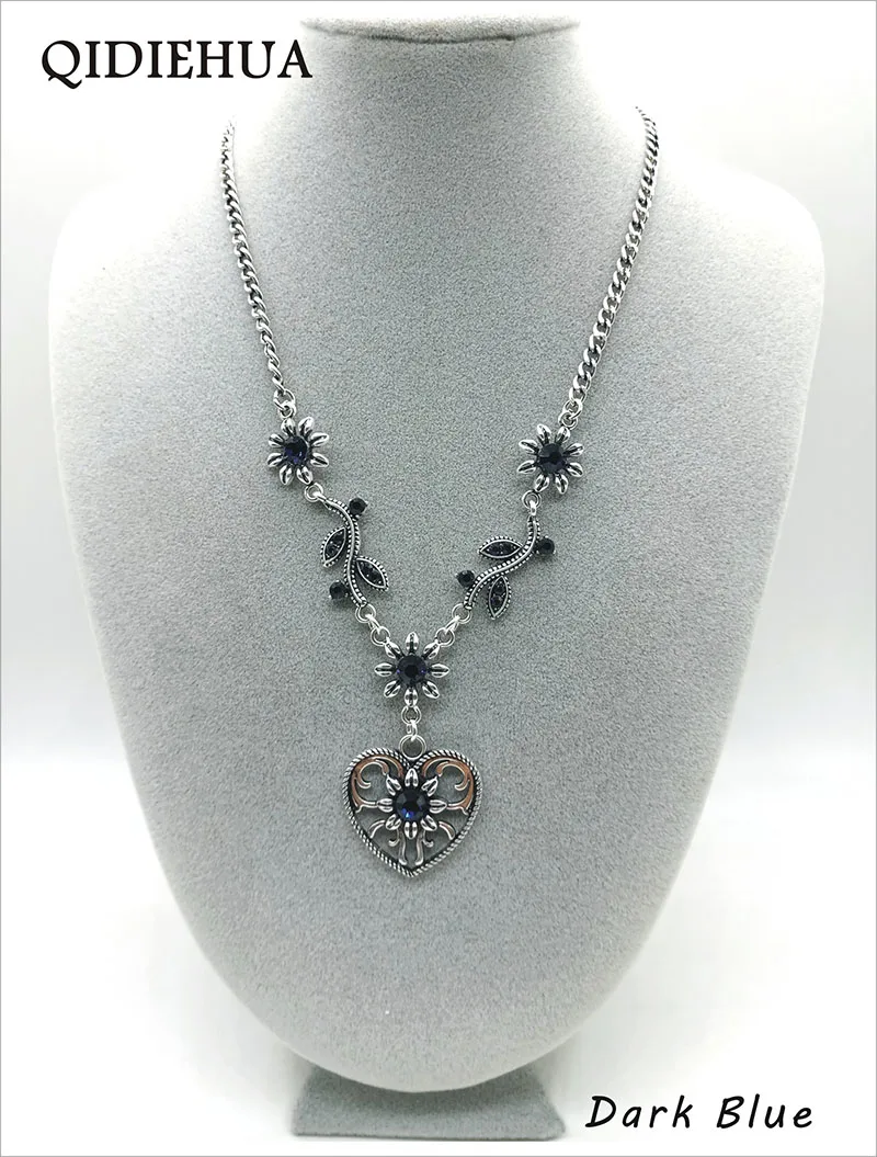dark blue Новое старинное серебряное ожерелье женское Персиковое Сердце цветок короткая цепочка ожерелье кулон хрустальные ювелирные изделия Октоберфест ожерелье - Окраска металла: dark blue