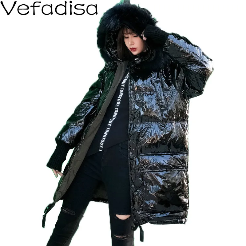 Vefadisa Женская парка из лакированной кожи 2019 с меховым воротником и капюшоном