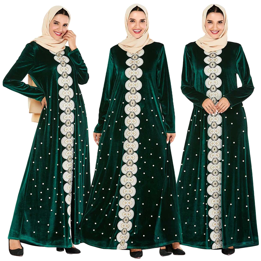 Бархатное Абая Дубай мусульманское женское платье с длинным рукавом вышивка бисером Макси коктейльное платье для вечеринки арабский джилбаб Кафтан Исламская одежда