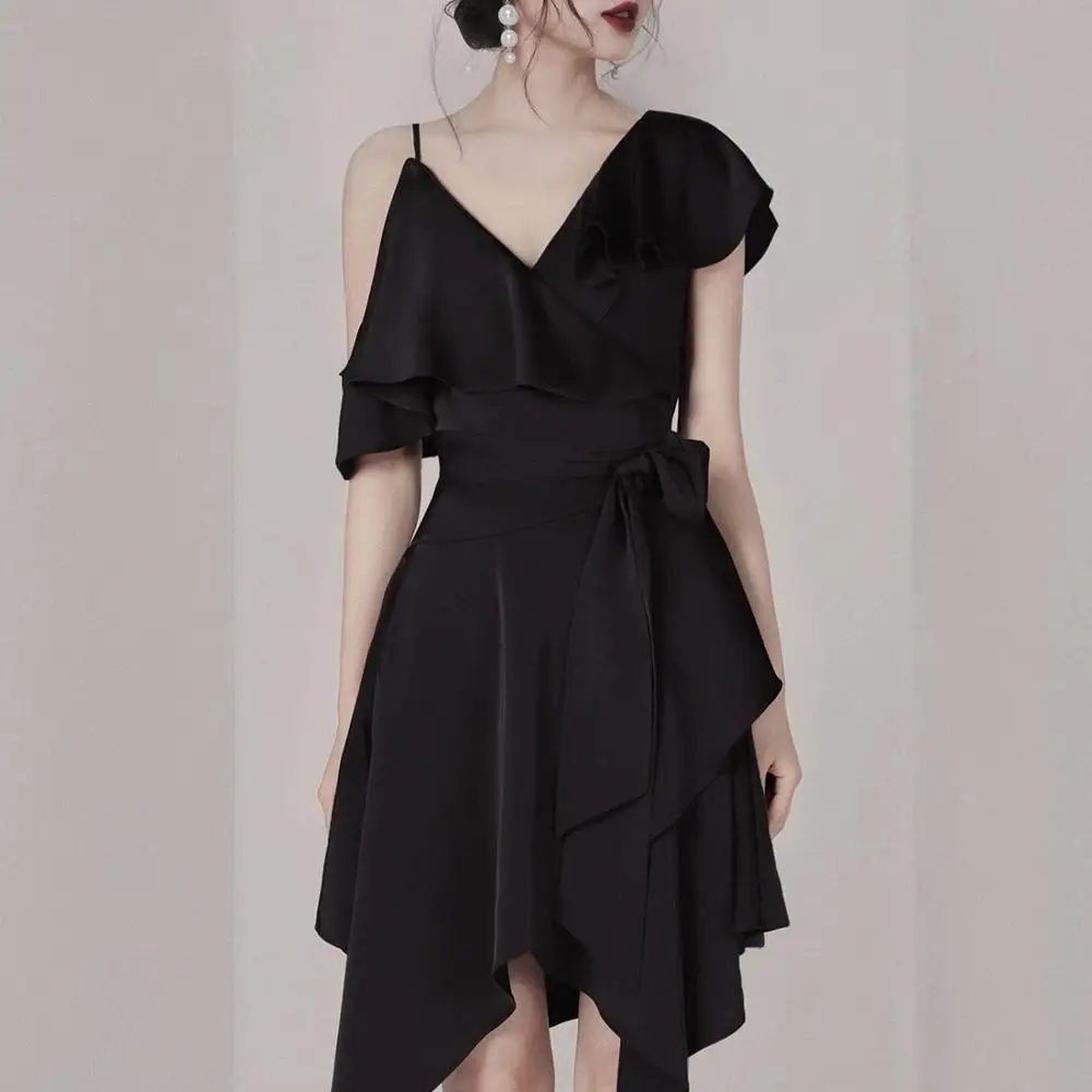 Summer new fashion Europe and America sexy women's V-neck off-the-shoulder waist irregular short-sleeved dress female