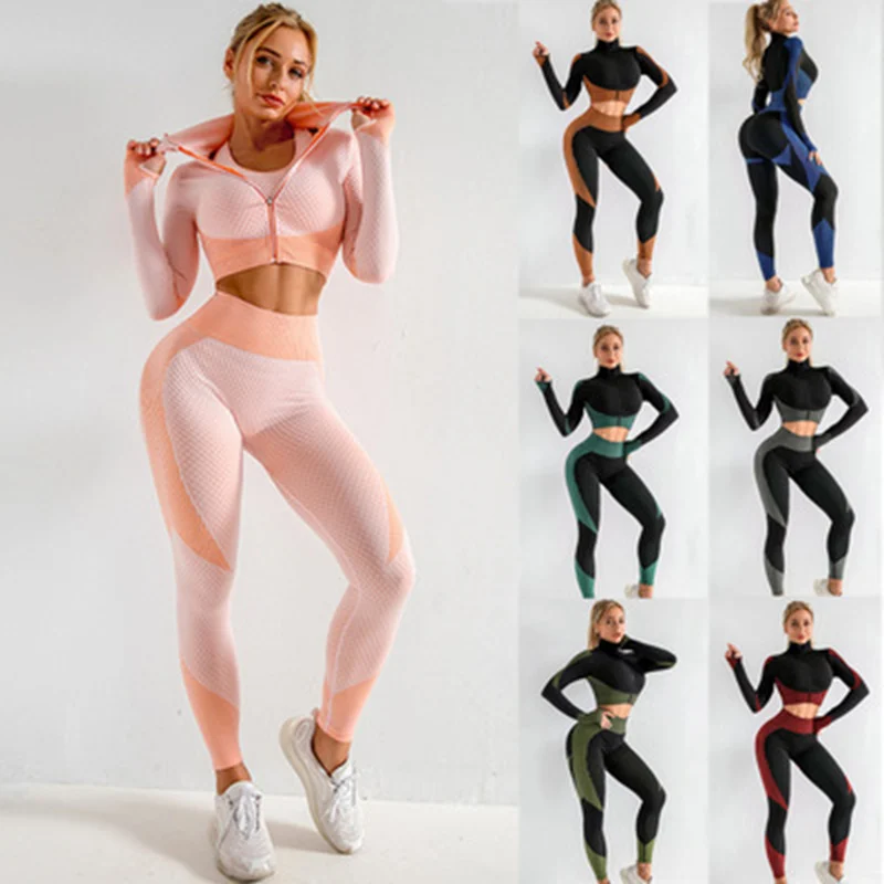 

2020 Women Yoga Leggings Sports Bras Tops and Pants Sets Zipper Tracksuits Outfits Sportswear Running Fitness Gym Jogging Suit