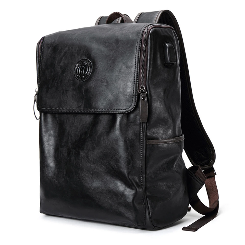 Genuine Leather Men Backpack USB Laptop Bag Flap-cover Weekend Travel Knapsack for Male Teenagers Women Zipper Notebook Bags