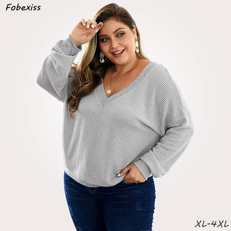 

Loose Sweatershirt Woman Grey V Neck Plus Size 4XL Simple Pullovers Casual Knitted Jumper Autumn Clothes 2019 Woman Sweatershirt