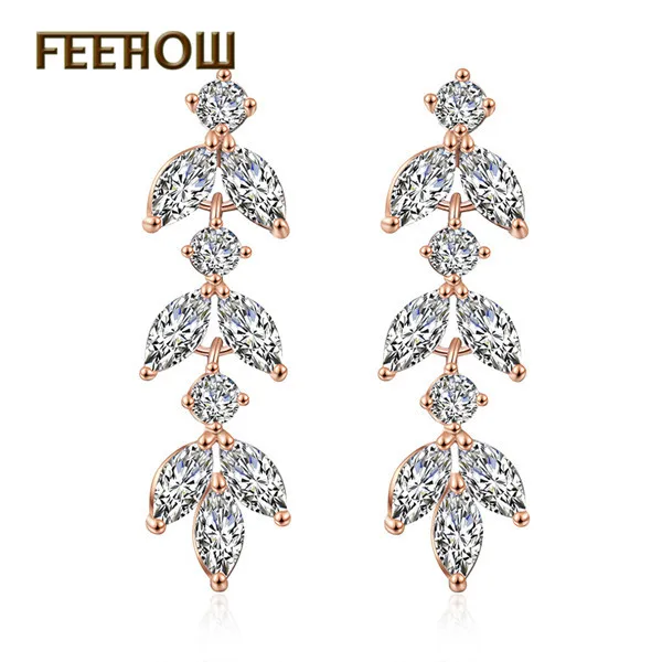 Rose Gold 3 FEEHOW, длинные висячие серьги в виде цветка маркизы, циркония, кристаллов, для женщин, блестящий лист, CZ камень, свадебные ювелирные изделия FWEP167 - Окраска металла: Rose Gold 3