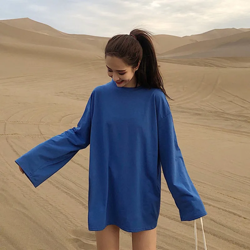 

Loose Lazy Style Women Tops Autumn Korean Fashion Solid Color Tops Long Sleeve O-Neck T-shirt 9 Colors