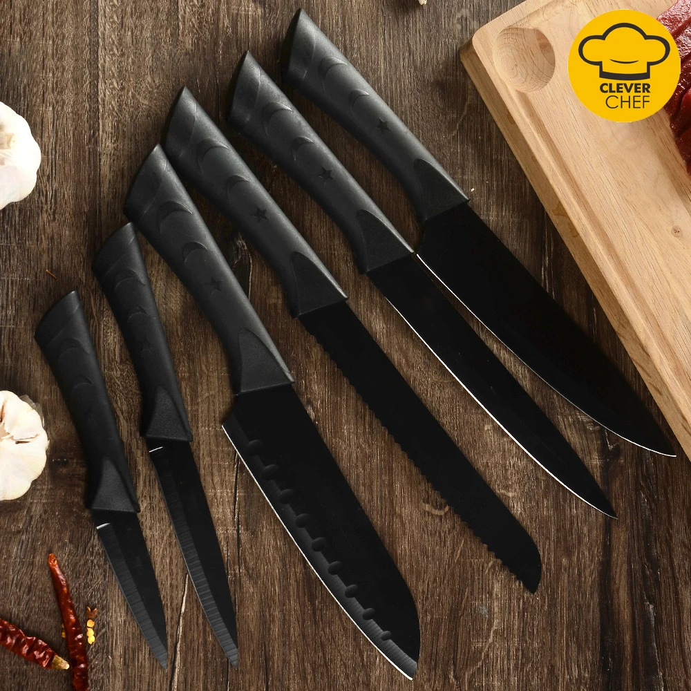 

6pcs/Set Stainless Steel Kitchen Knife Set with Black Plastic Handle High Quality Kitchen Knives Accessories Tools Cleaver