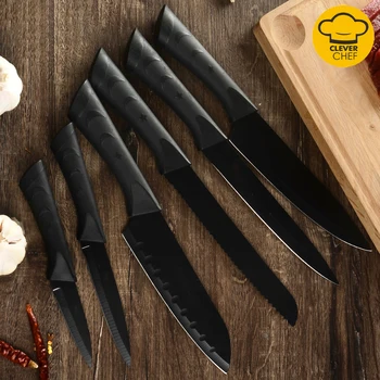 

6pcs/Set Stainless Steel Kitchen Knife Set with Black Plastic Handle High Quality Kitchen Knives Accessories Tools Cleaver