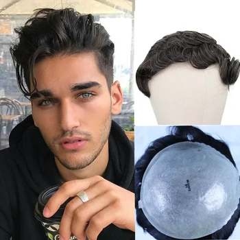 

YY Wigs for Men Black Mixed Grey Hair Remy Durable Skin Human Hair Curly Replacement System Men's Toupee Skin PU/Thin PU Toupee