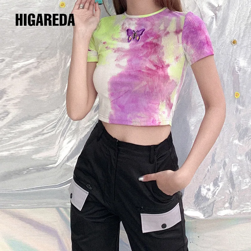 

Women Butterfly Embroidery Show Navel T-shirts Short Sleeve Summer 2020 Slim Female Short Tees Cute Sweet Girl Harajuku Tops