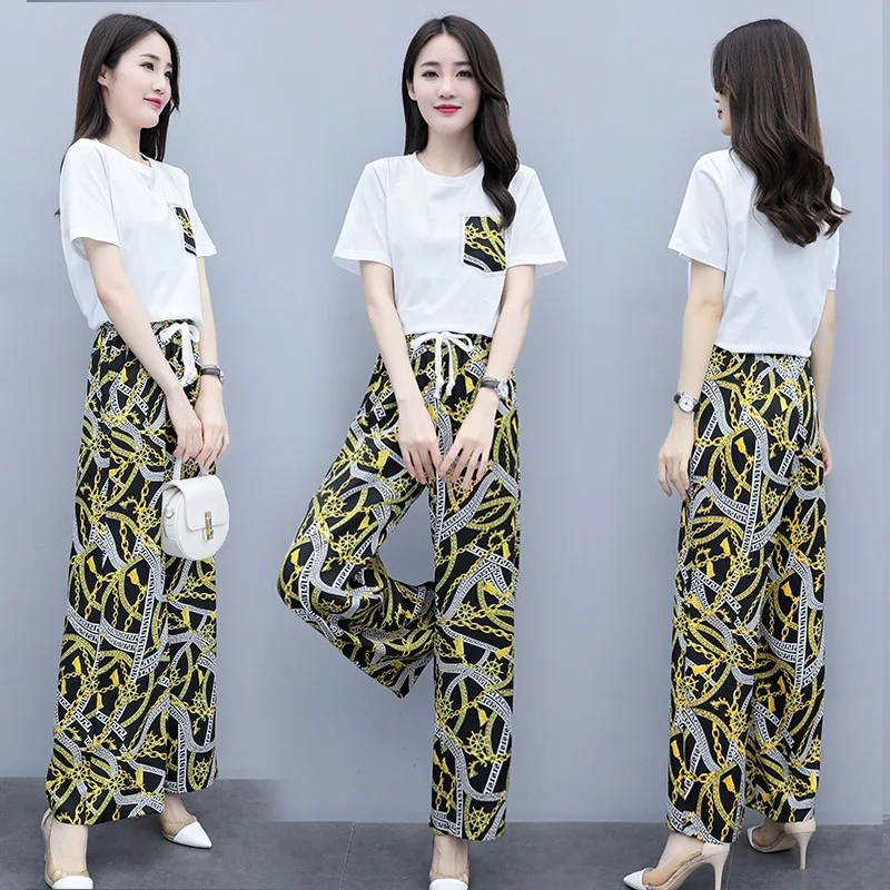 

Solid Color Fashion 2019 Summer Crew Neck Comfortable Medium Waist Printed Simple Versatile Cool Short Sleeve Set
