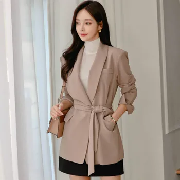 

Spring Notched Slim Sashes Long Sleeved Solid Coat Official Work Women Casual Blazer