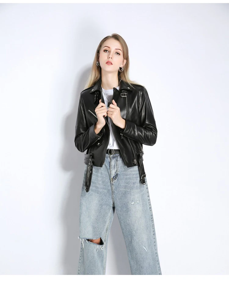Genuine Leather Jacket Streetwear Notched Neck Buckle Betled Jacket Coats Women Autumn Black Moto Long Sleeve Leather Outwear