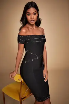 

High Quality Sexy Slash Neck Short Sleeve Diamonds Black Pink Blue Bodycon Bandage Dress 2020 Summer Women Party Dress Vestidos