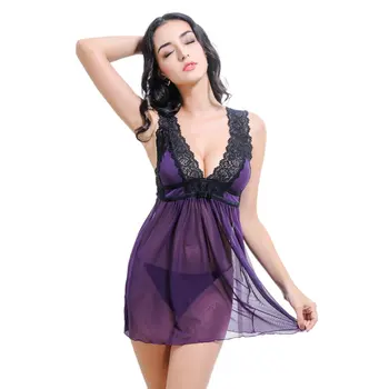 

Women Sexy Pajamas Flirting Hanging Neck Sexy Lace Lingerie One-piece Dress Open Perspective Temptation Body Suit Purple
