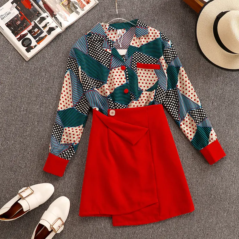 

2019 Autumn Women's Fashion Long Sleeves Geometric Shirts + Irregular Red Skirt 2 pcs Sets Female Christmas Outfit A1701