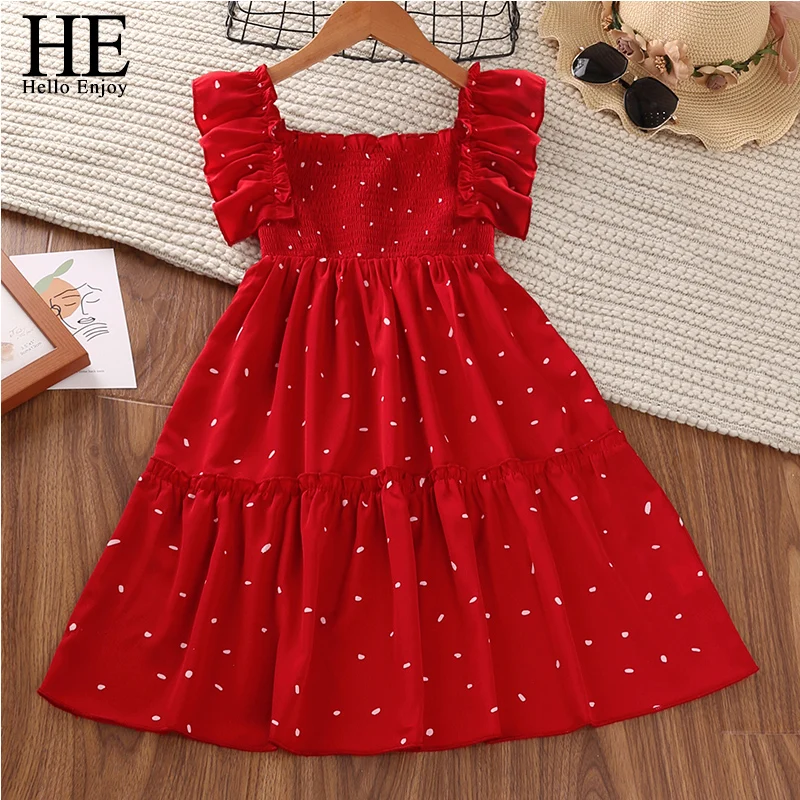 Summer Arrival Cartoon and Polka Dots Pattern Fly Sleeves Dress for Stylish Girls