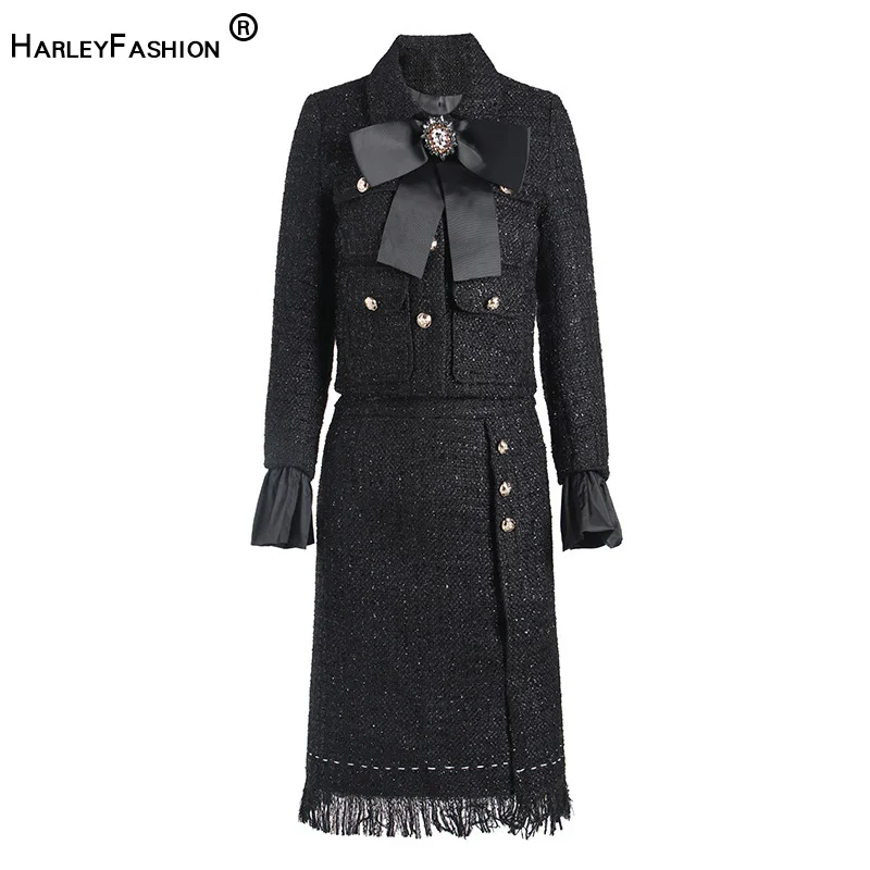 

HarleyFashion Winter Design Women Chic Tweed Skirt Suits Pockets Coat Tassel Straight Skirt Slim Two Pieces Sets Quality Outfits