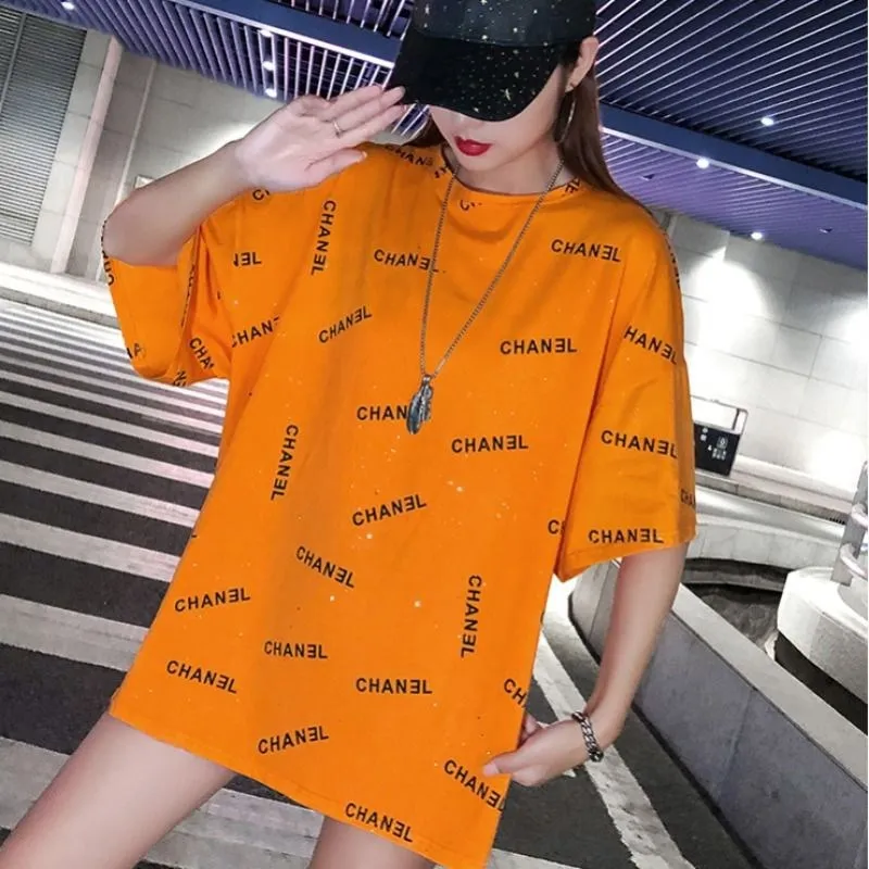 

95 Cotton Mid-length Network Red Printing T-shirt Women's 2019 New Style Fashion Summer Wear Short Sleeve Students Korean-style