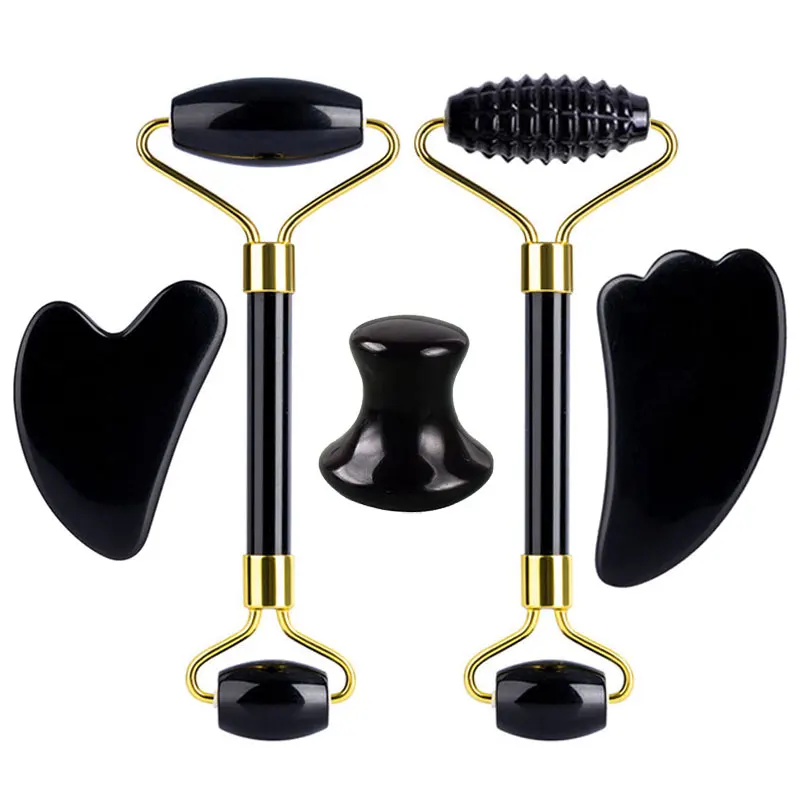 Natural Obsidian Face Massage Roller Gua Sha Scraper Set Gouache Stone Facial Jade Roller Massager Gouache Scraper Face Massager