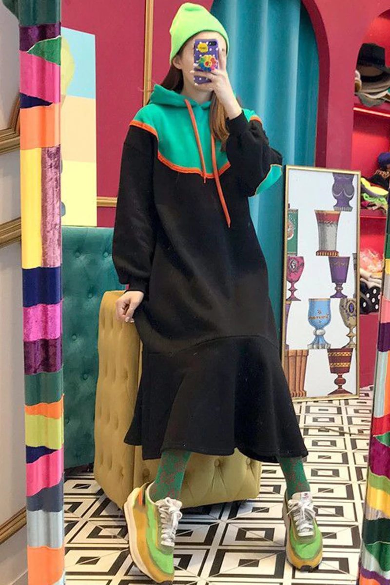 SuperAen, корейский стиль, женское платье с капюшоном, весна и осень, новинка, женское платье, хлопок, модное, длинный рукав, женская одежда