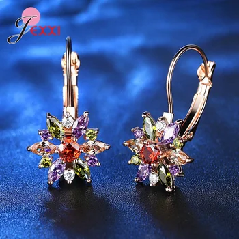 

Colorful Flower Cubic Zircon Leverback Earring for Women 925 Sterling Silver Jewelry Austrian Crystals Female Engagement Gift