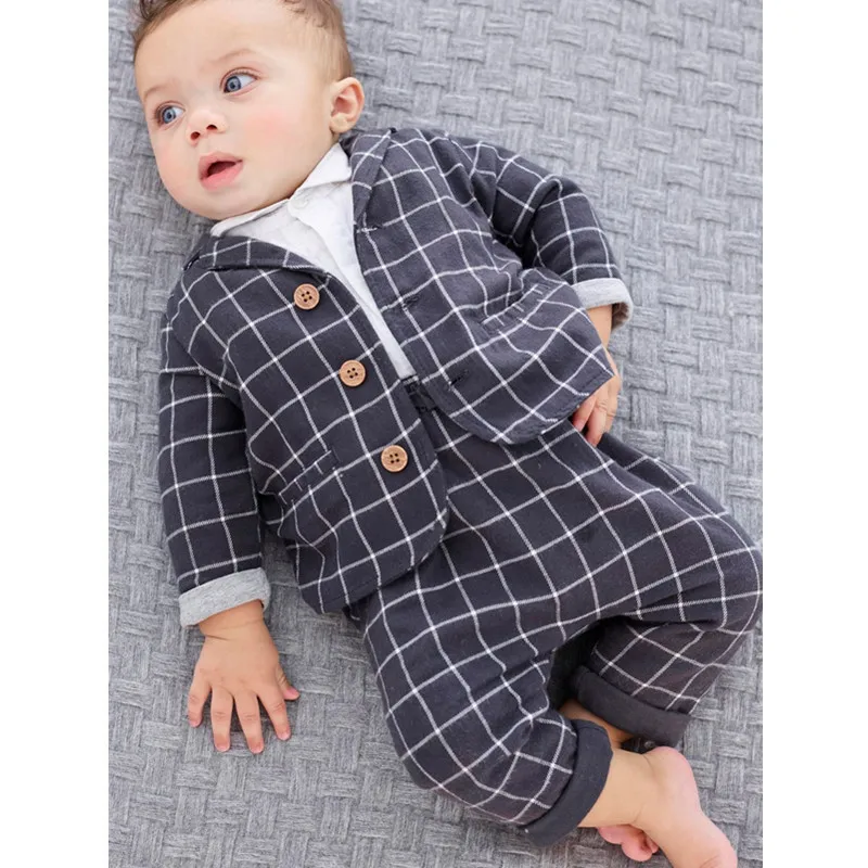 Bunvel/комплекты осенней одежды для новорожденных мальчиков осенне-зимнее пальто в клетку с принтом+ комбинезон+ штаны, комплекты одежды из 3 предметов