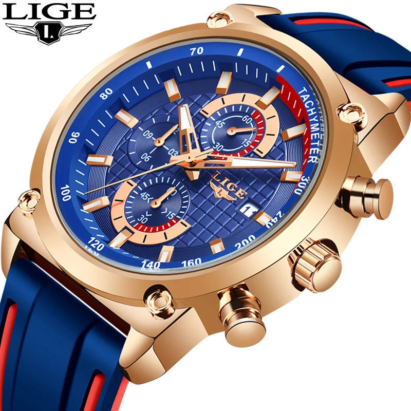 Lige New Mens Watches Top Brand Luxury Dial Clock Male Fashion Silicone Waterproof Quartz Gold-5