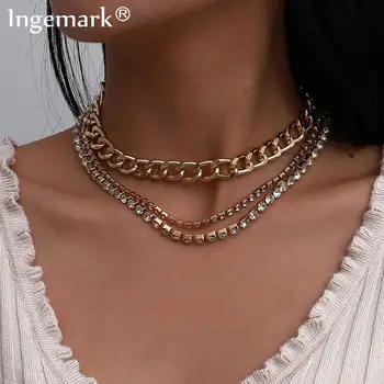 

Goth Cuban Aluminum Chunky Chain Necklace Multilayer Iced Out Rhinestone Crystal Hip Hop Big Link Choker Necklace Women Jewelry