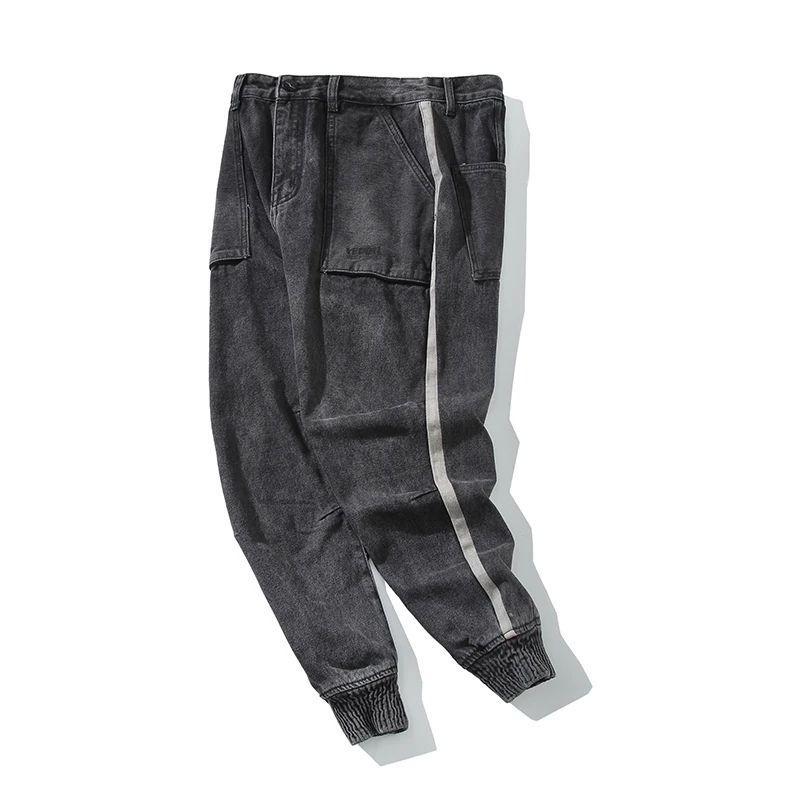 Autumn Fashion Streetwear Men Jeans Black Gray Color Stripe Designer Denim Cargo Pants Harem Trousers Hip 4