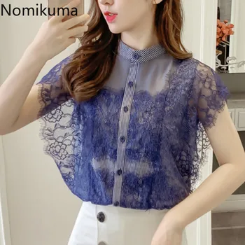 

Nomikuma Elegant See Through Single Breasted Blouse Stand Collar Striped Shirt Female Korean Fashion Lace Tops Women Blusa 3a961