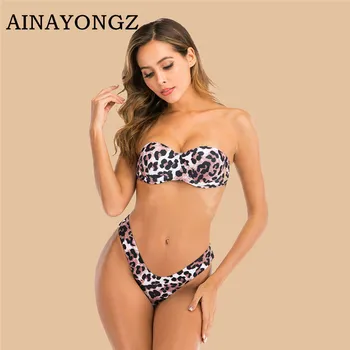 

2020 New Swimwear Women Sexy Tube Top Swimsuit Leopard Print Bathers Bikini Suits Female Thong High Waist Swimming Set Biquini