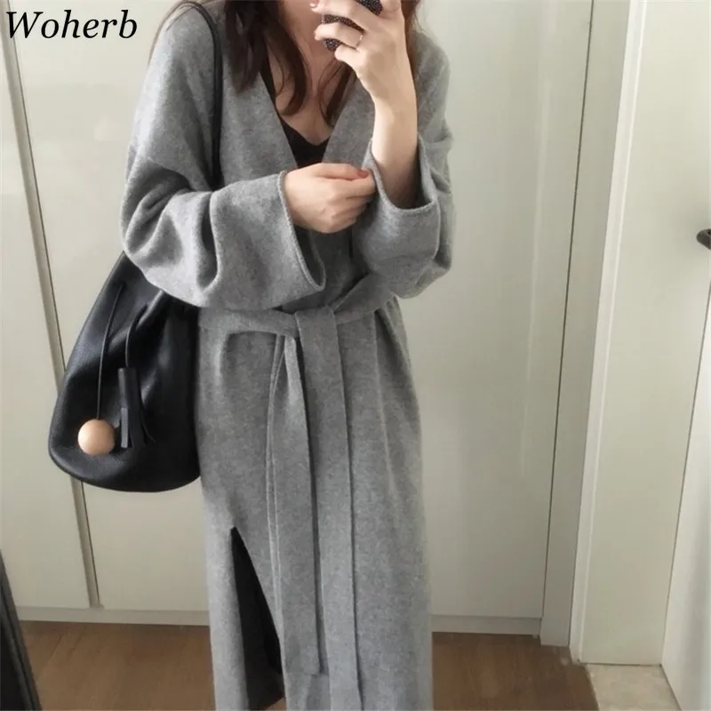 Woherb винтажный черный свитер женский однотонный длинный рукав Сплит длинный кардиган со шнуровкой открытая стежка корейская мода новинка 90987