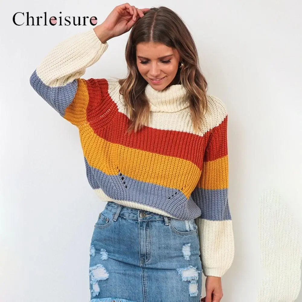 

CHRLEISURE Women Sweater Knitted Rainbow Stitching Turtleneck Long Sleeve Models Women Sweaters Clothing