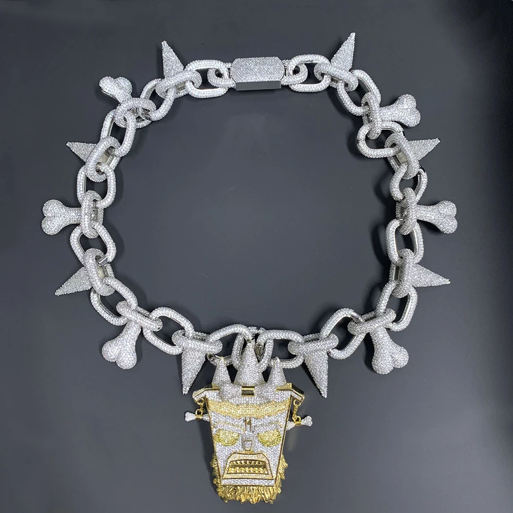 AZ Hip-Hop Super duży głowy Iced Out naszyjnik z Bling 45CM kości cyrkon betonowa Choker łańcuchy dla mężczyzn raper darmowa wysyłka