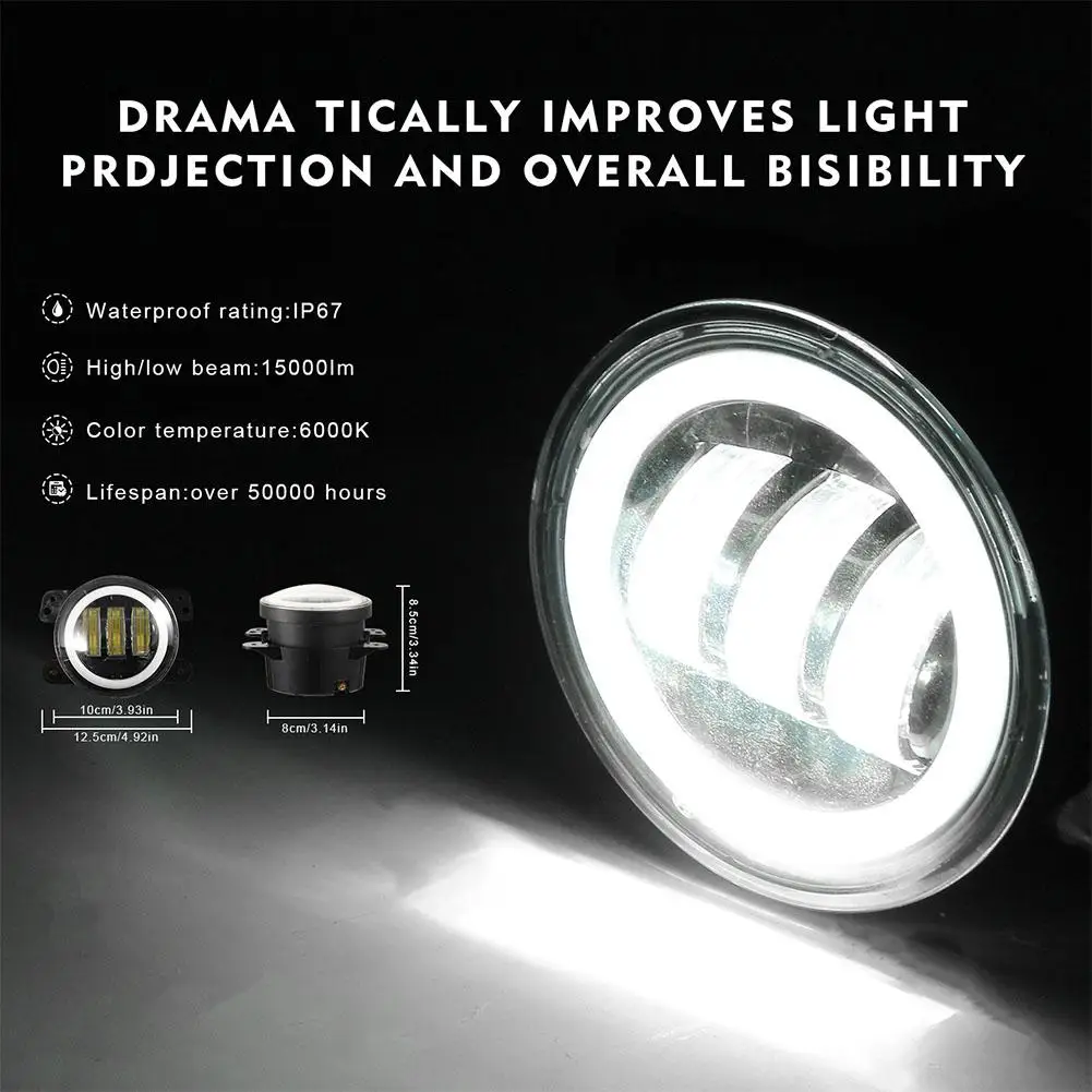  2pcs/set 4 Inches 30 Watts 6000K Round LED Fog Lamp Black Aluminum 1200LM LED Angel Eye Fog Lights  - 4000048803595