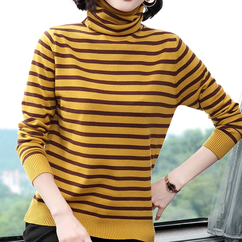 

Striped Knitted Sweater Women 2020 Autumn Winter Korean Loose Turtleneck Sweaters Long Sleeve Pullover Female Jumper Clothes