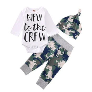 

3Pcs Newborn Baby Outfits Long Sleeve O Neck Letter Print Romper Dinosaur Print Pants Hats Girls Boys Sets Baby Clothing 0-6M
