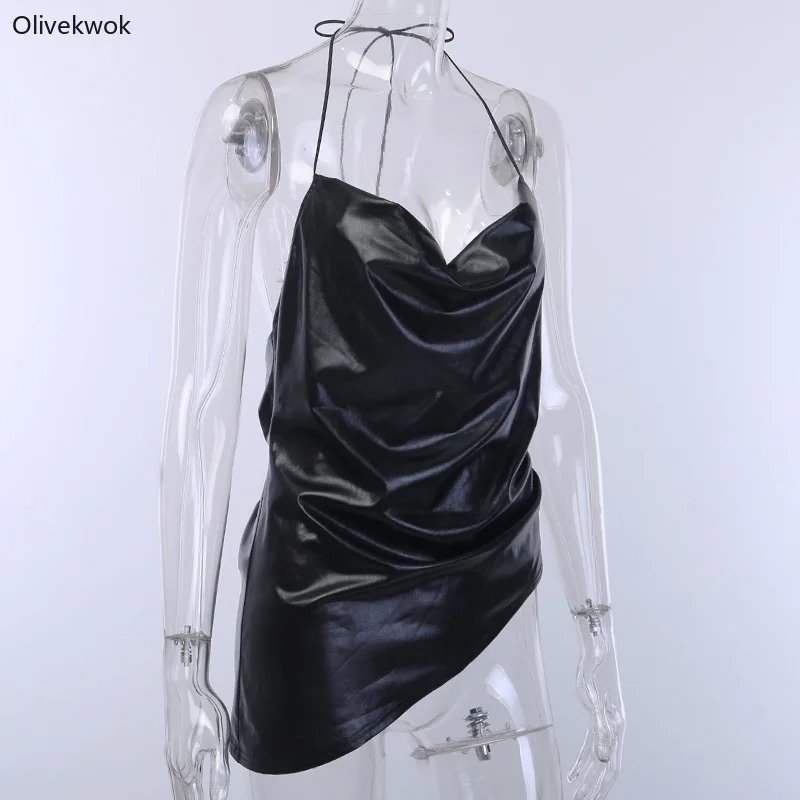 Olivekwok сексуальные тонкие топы с v-образным вырезом и открытой спиной, плиссированные асимметричные топы Wpmen, Весенняя новинка, Повседневная Уличная одежда, черные топы, майки 92420